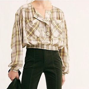 Free People Plaid Smocked Boho Peasant Blouse Yellow Cropped Oversized Top S